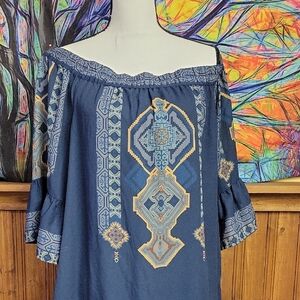 PENELOPE Rose Navy Blue Off-Shoulder Boho Dress Woman Large